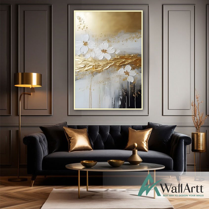 White Flowers with Gold II 3d Heavy Textured Oil Painting – WallArtt