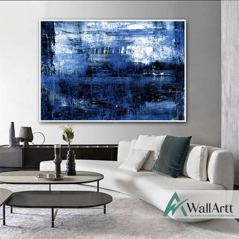 Deep Navy Abstract Textured Partial Oil Painting – WallArtt