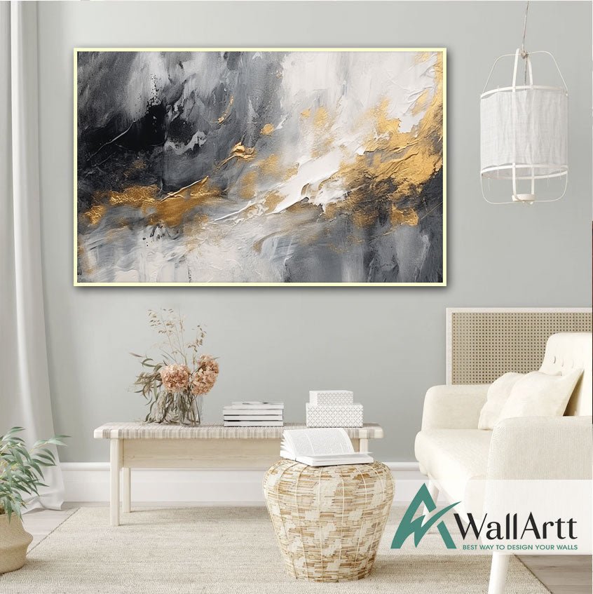 Gold Touches on Black n White 3d Heavy Textured Oil Painting – WallArtt