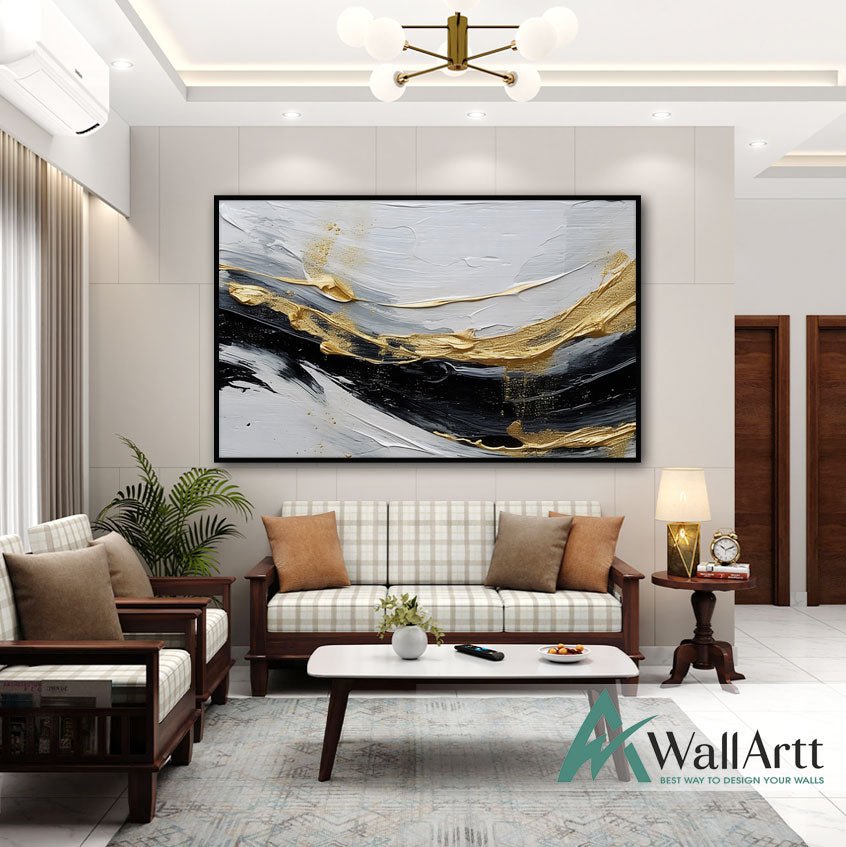 Gold Wave on Black 3d Heavy Textured Partial Oil Painting – WallArtt