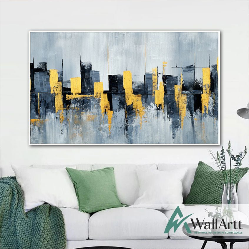 Navy Gold Skyscrapers Textured Partial Oil Painting – WallArtt
