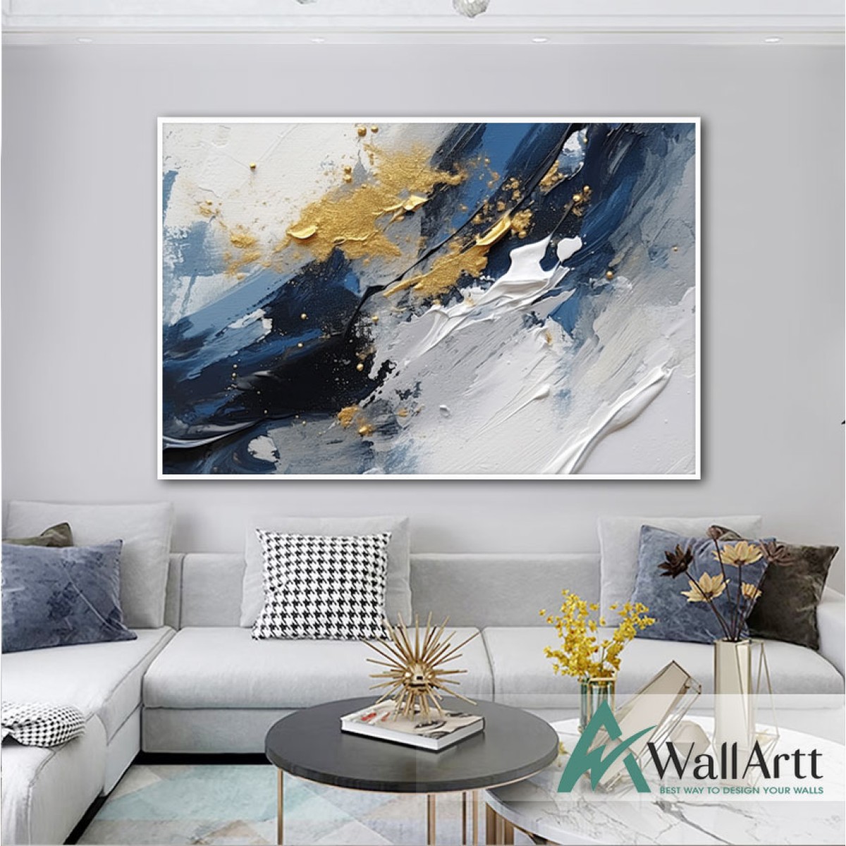 Navy Blue with Gold Textured Partial Oil Painting - Wall Art