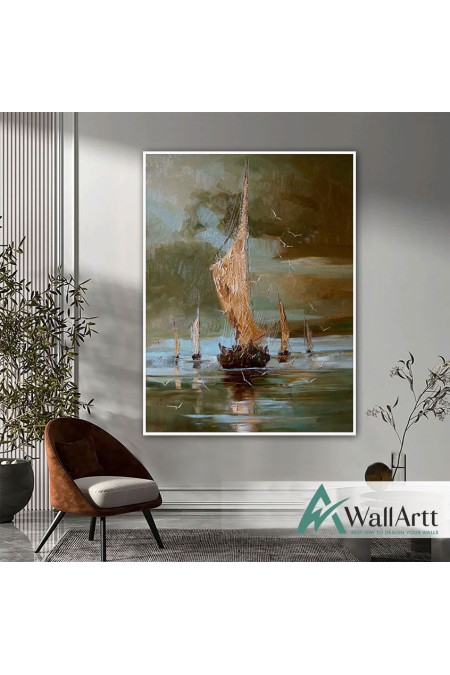 Five Sailboats Textured Partial Oil Painting