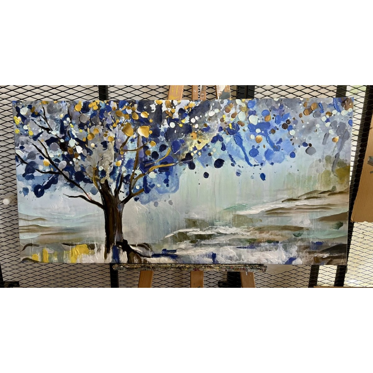 Gold Blue Tree Textured Partial Oil Painting
