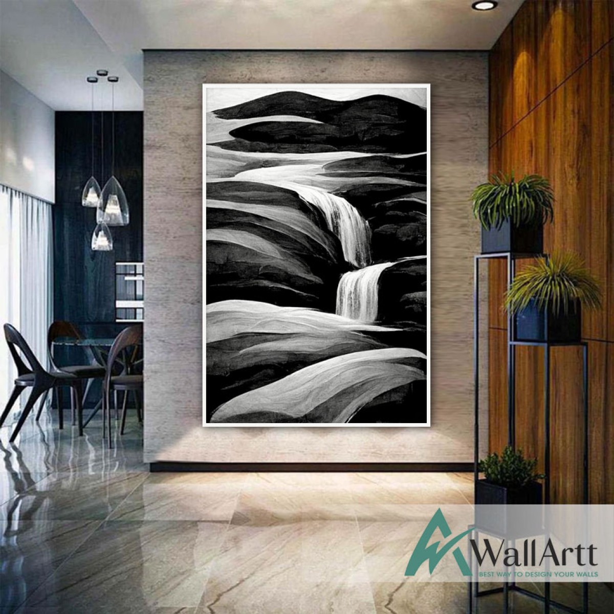 Abstract Black River Textured Partial Oil Painting