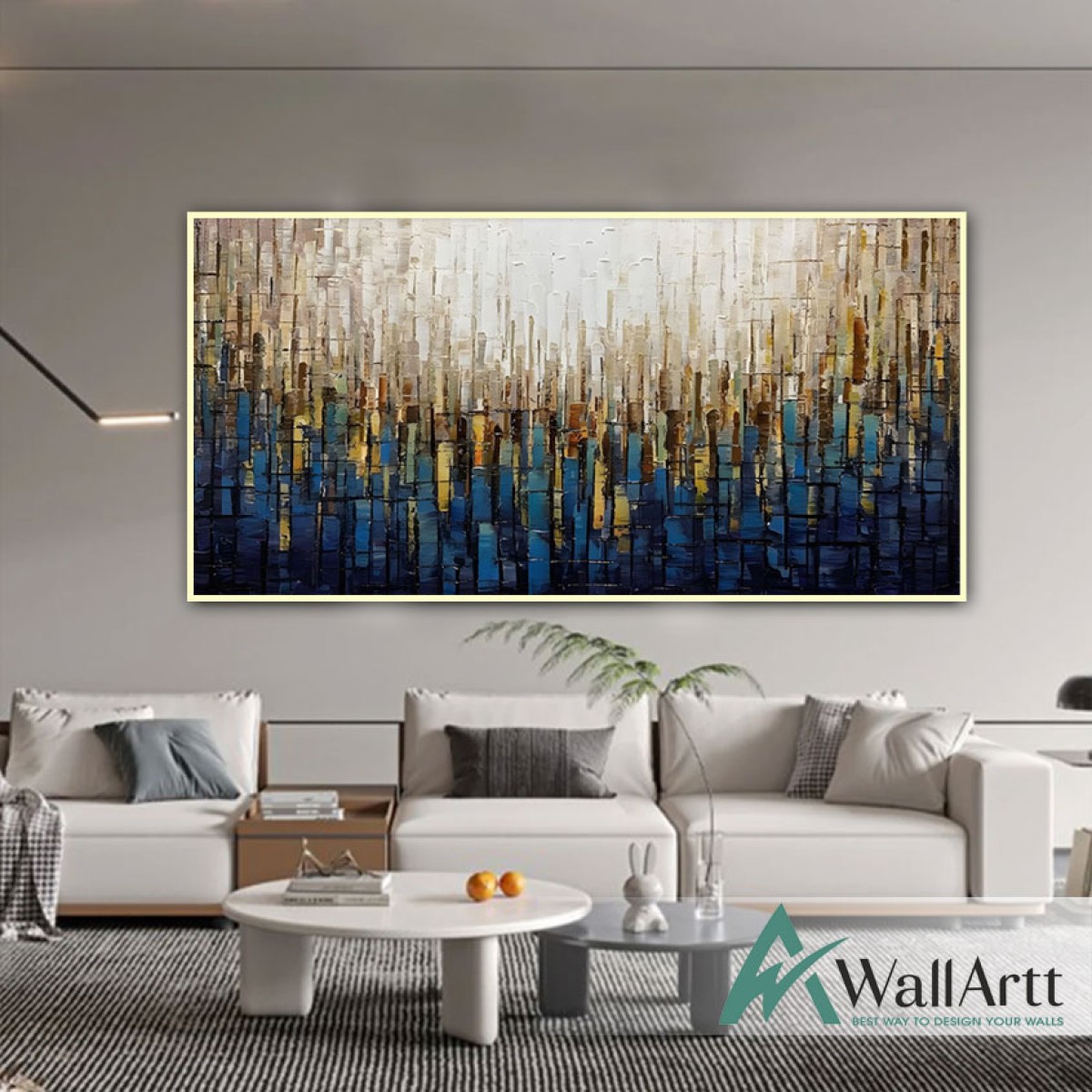 Abstract Yellow Blue Bars Textured Partial Oil Painting - Wall Art