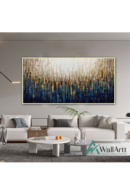 Abstract Yellow Blue Bars Textured Partial Oil Painting - Wall Art