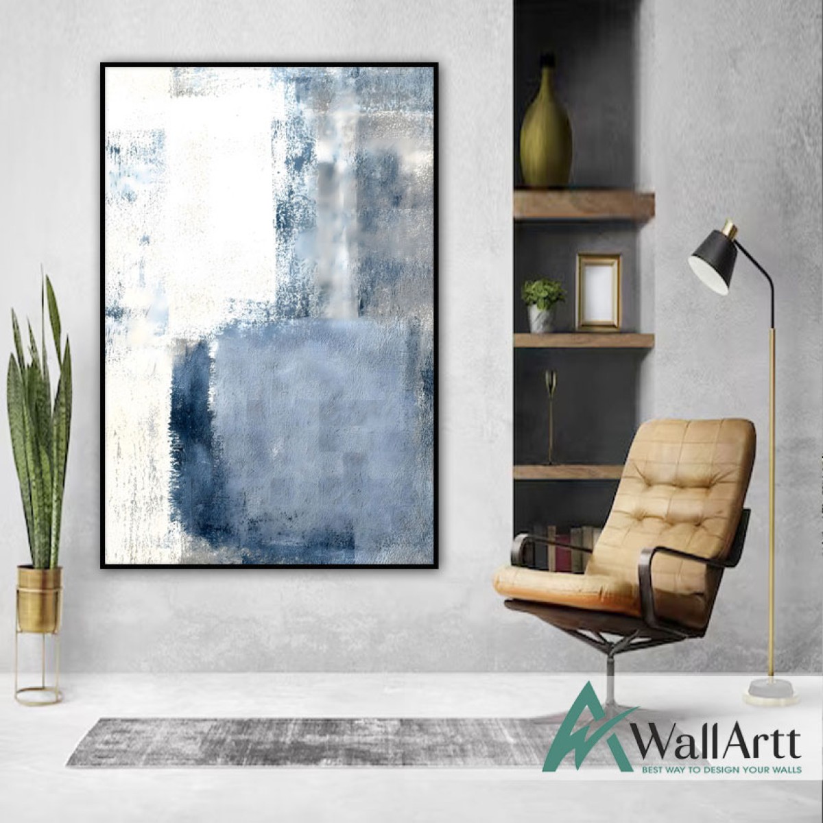 White Blue Abstract Textured Partial Oil Painting