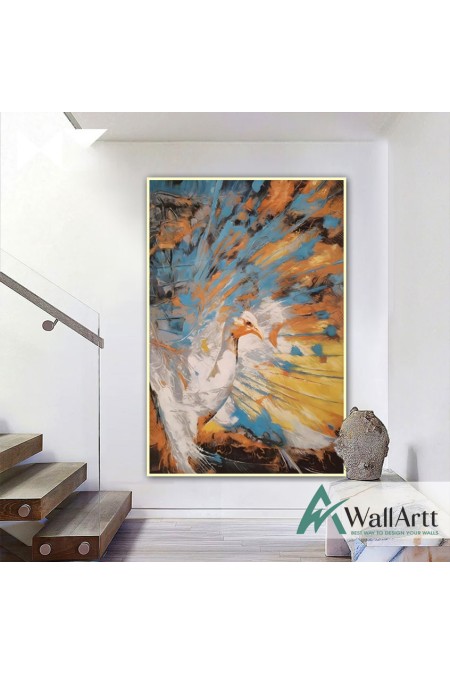Abstract Orange Blue Peacock II Textured Partial Oil Painting