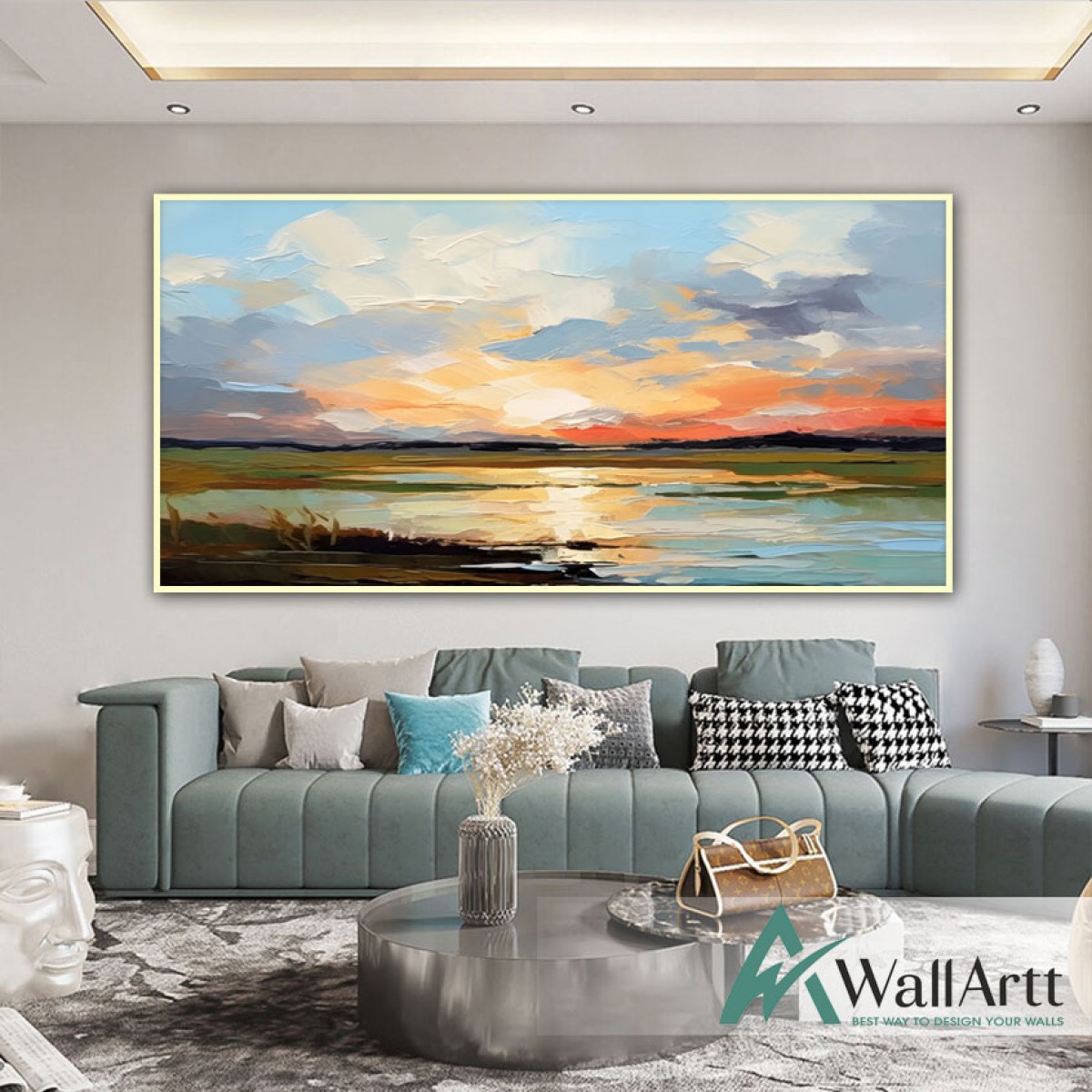 Sunset Reflection Textured Partial Oil Painting - Wall Art