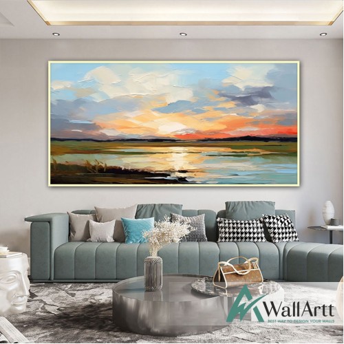 Sunset Reflection Textured Partial Oil Painting - Wall Art