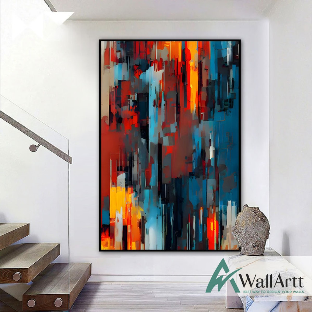 Red Orange n Blue Abstract Textured Partial Oil Painting