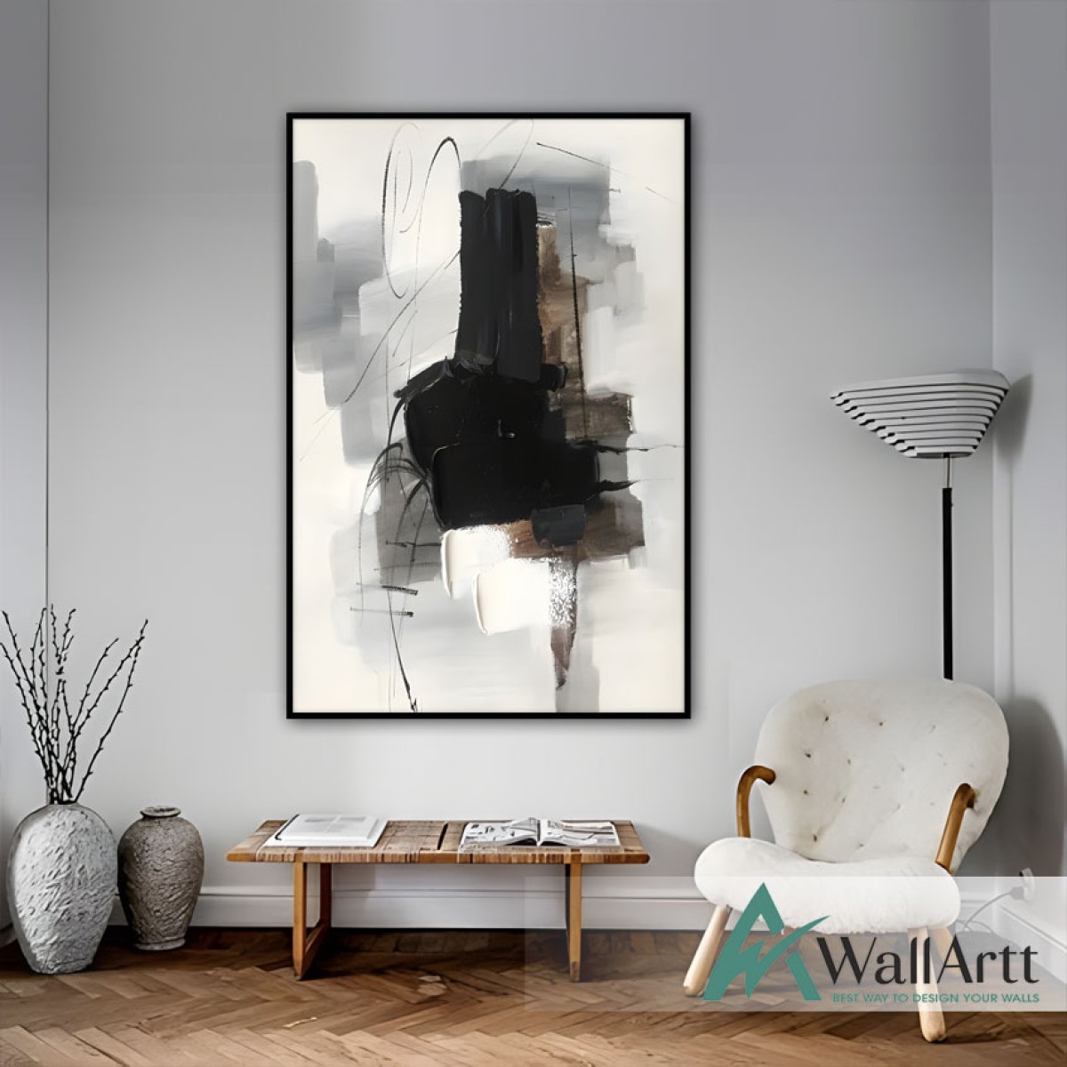 Black on White Abstract Textured Partial Oil Painting - Wall Art