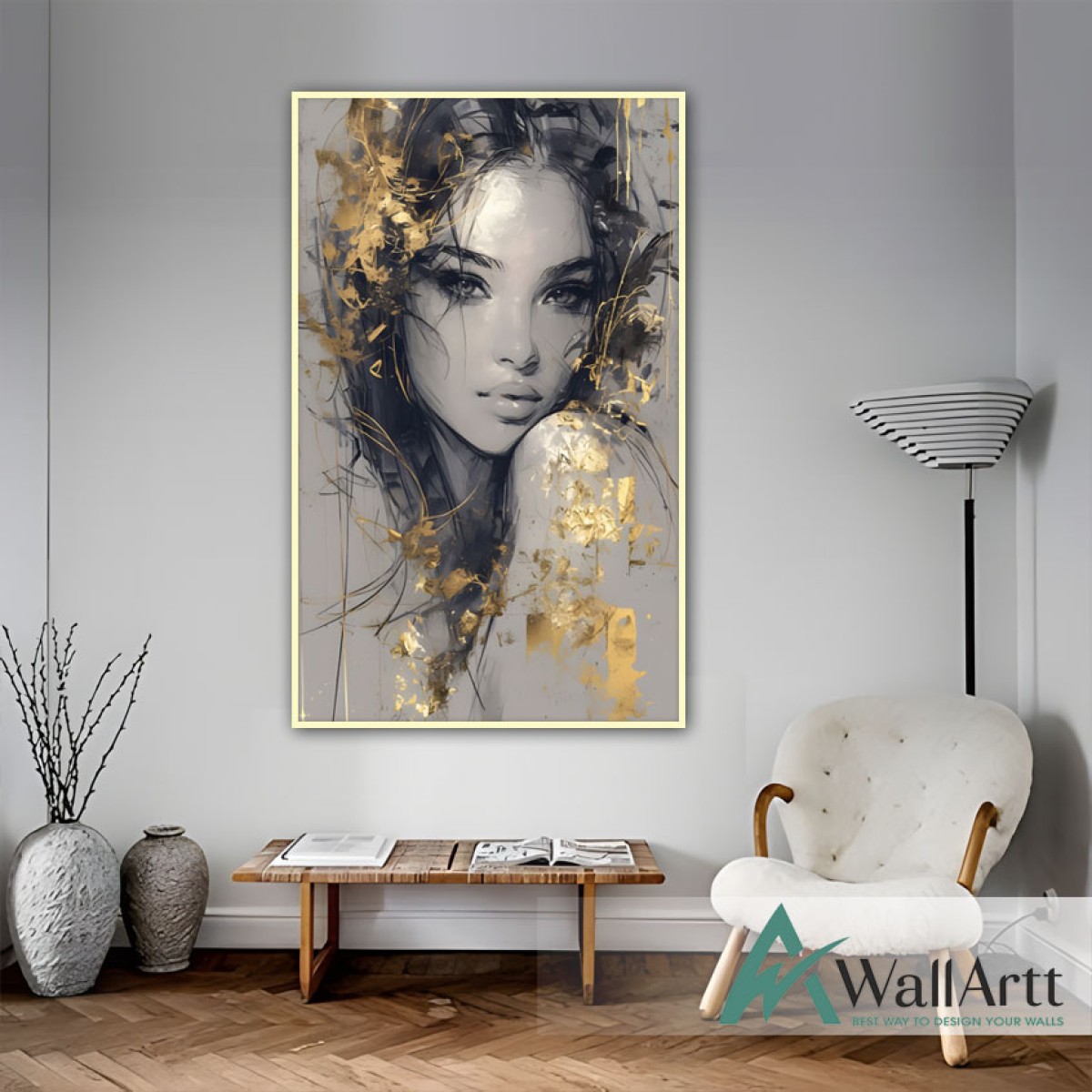 Gorgeous Woman with Gold Foil Textured Partial Oil Painting - Wall Art