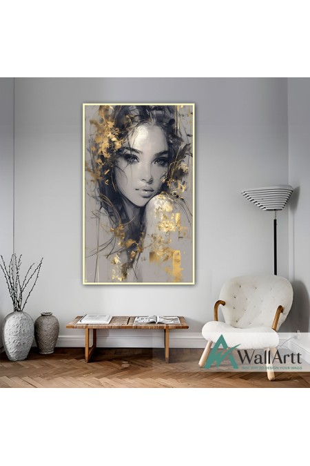 Gorgeous Woman with Gold Foil Textured Partial Oil Painting - Wall Art