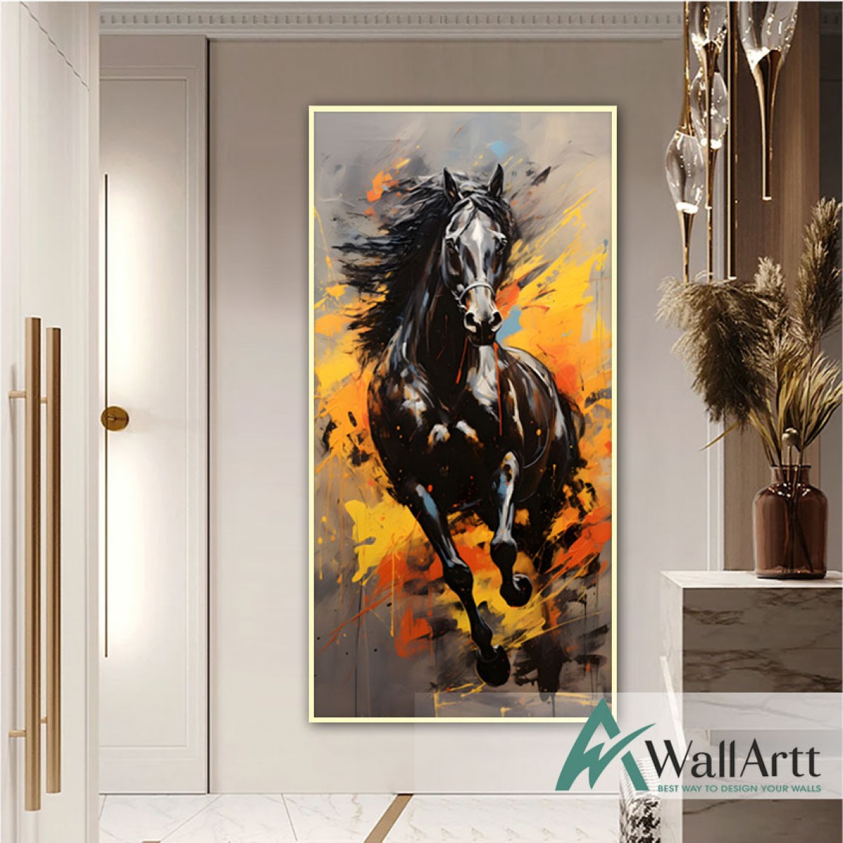 Yellow Orange Horse Textured Partial Oil Painting - Wall Art