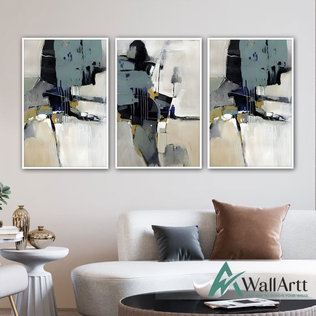 Abstract White & Grey 3 Piece Textured Partial Oil Painting -Wall Art