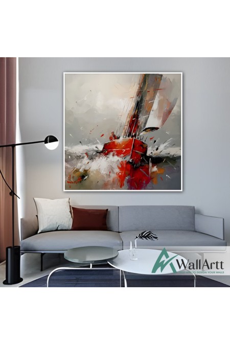 Red Sailboat Textured Partial Oil Painting - Wall Art