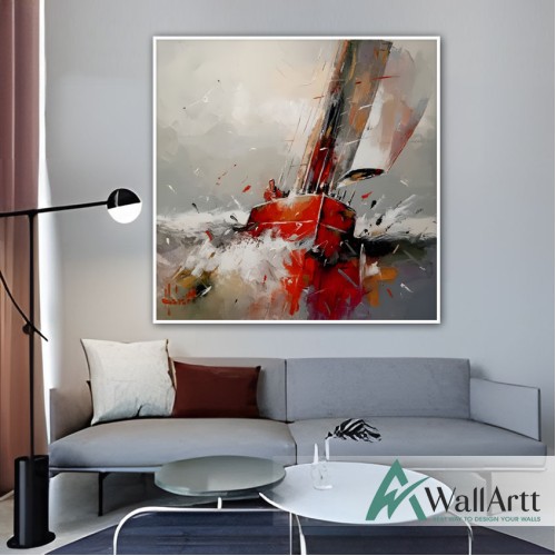 Red Sailboat Textured Partial Oil Painting - Wall Art