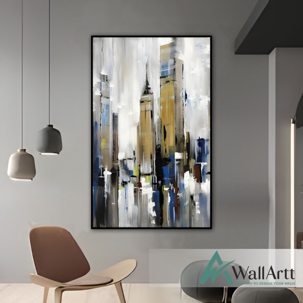 Abstract Gold Blue Skyscrapers Textured Partial Oil Painting - Wall Art