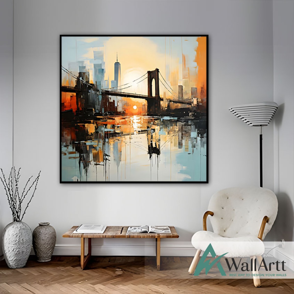 Bridge Reflection Textured Partial Oil Painting - Wall Art