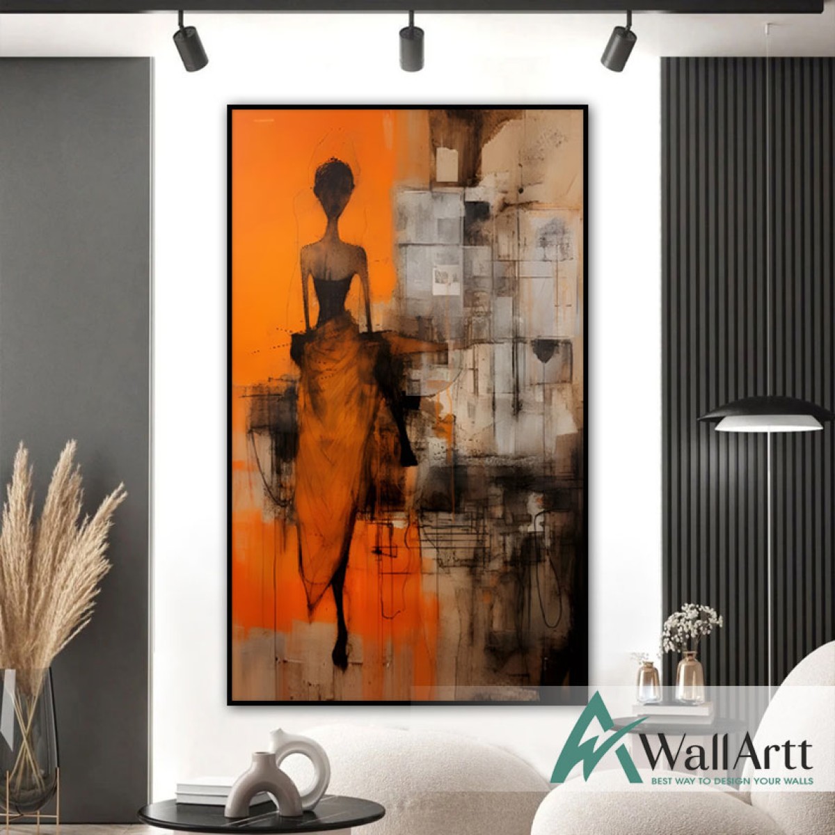 Orange Dressed Woman Textured Partial Oil Painting - Wall Art