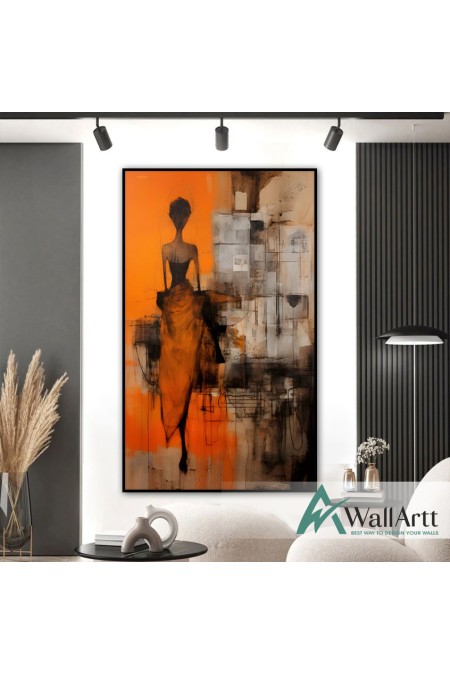 Orange Dressed Woman Textured Partial Oil Painting - Wall Art