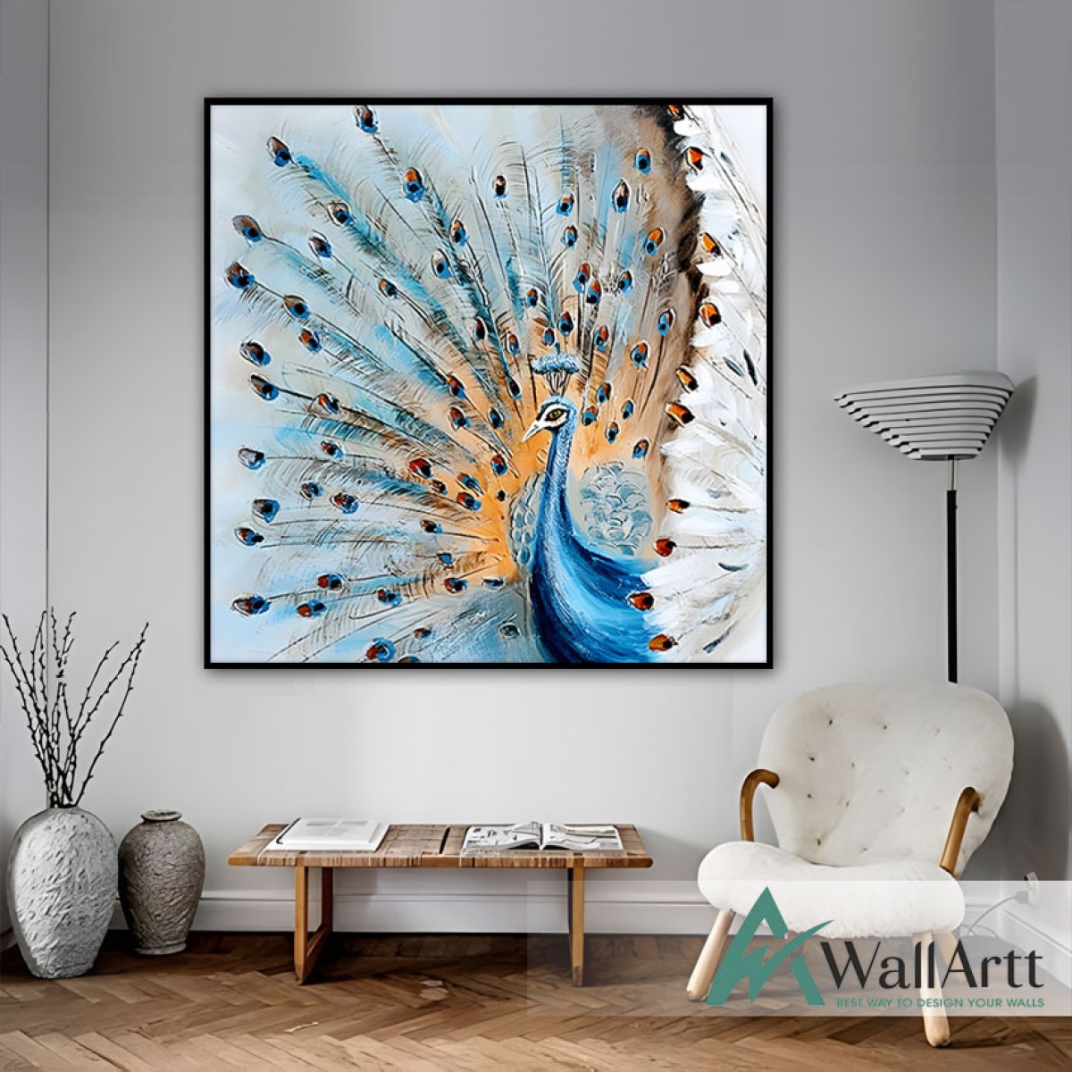 Blue Peacock Textured Partial Oil Painting