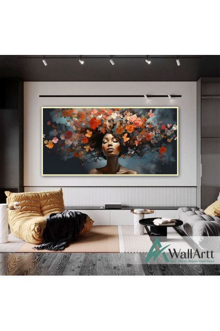 Woman with Flower and Butterfly Hair Textured Partial Oil Painting - Wall Art