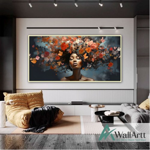 Woman with Flower and Butterfly Hair Textured Partial Oil Painting - Wall Art