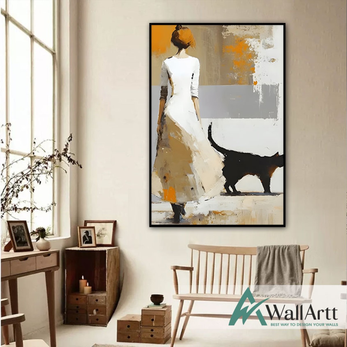 Orange Lady Black Cat Textured Partial Oil Painting