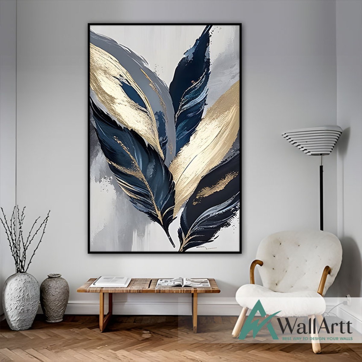 Gold n Navy Feather Textured Partial Oil Painting