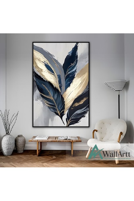 Gold n Navy Feather Textured Partial Oil Painting