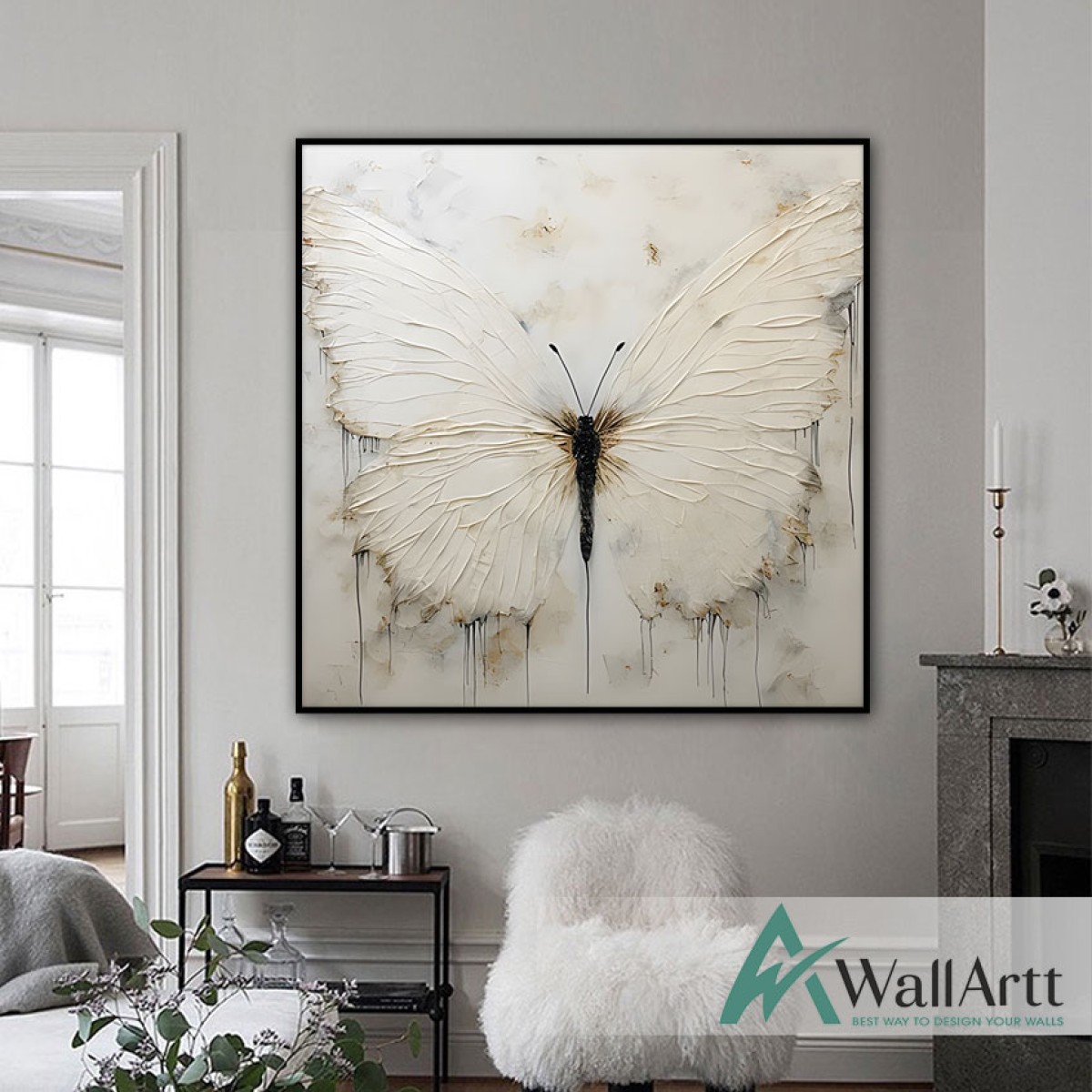 Cream Butterfly Textured Partial Oil Painting - Wall Art