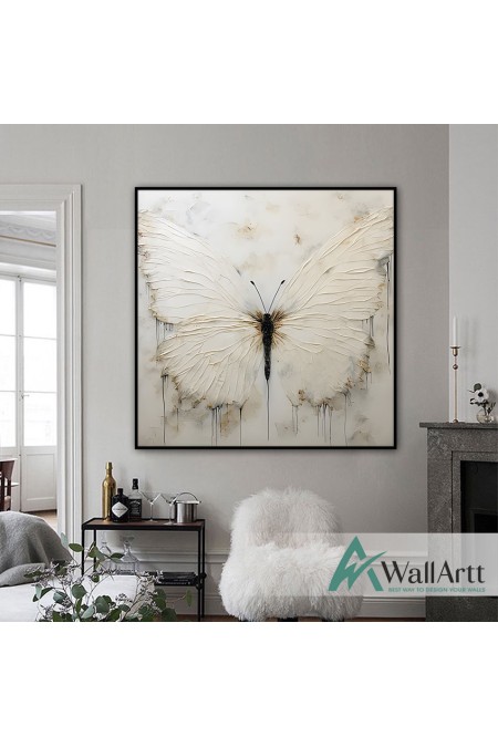 Cream Butterfly Textured Partial Oil Painting - Wall Art