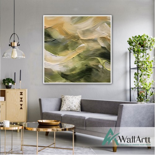 Abstract Green Waves Textured Partial Oil Painting - Wall Art