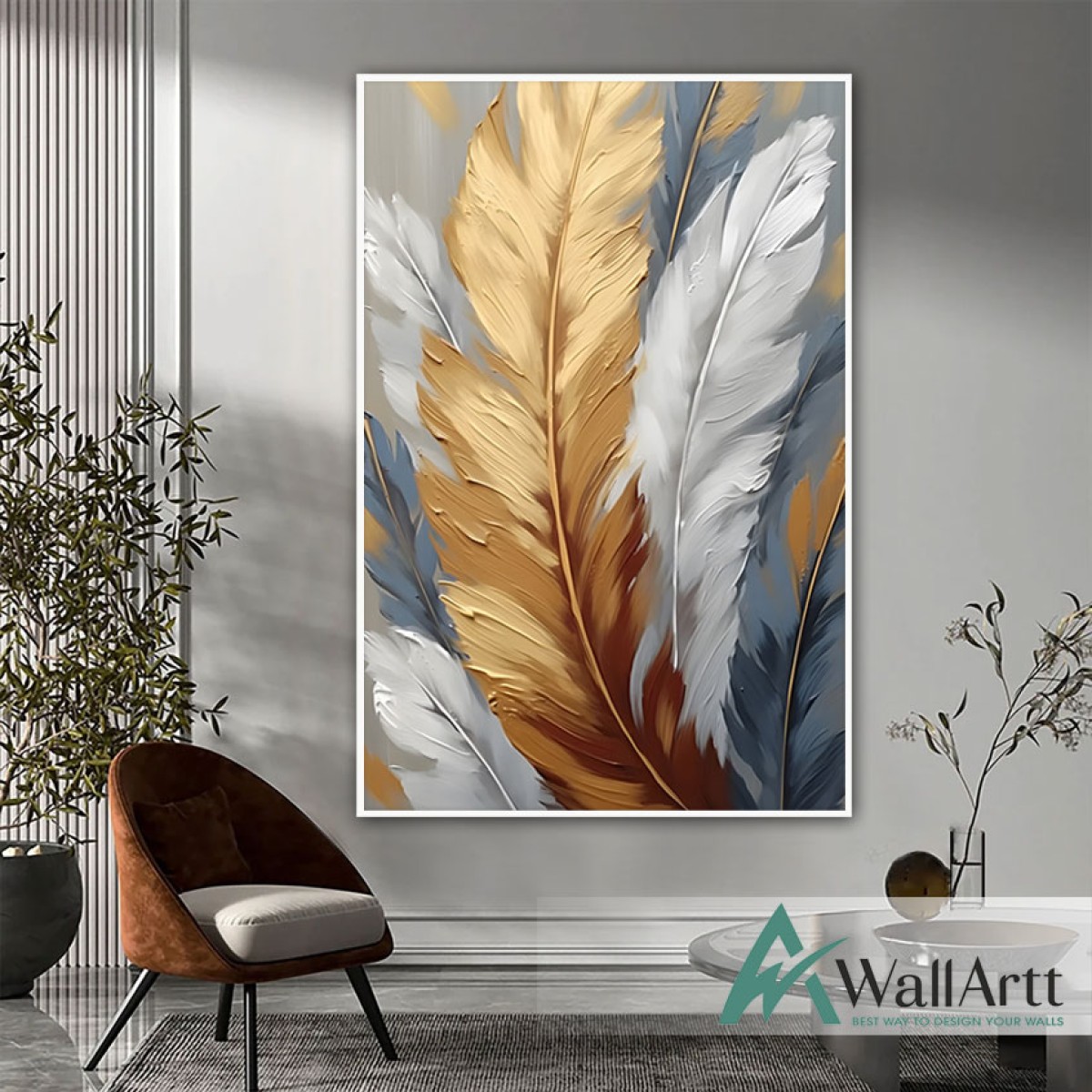 Gold White Feather Textured Partial Oil Painting - Wall Art