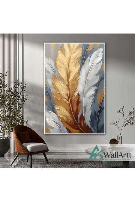 Gold White Feather Textured Partial Oil Painting - Wall Art