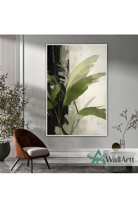 Green Leaves Textured Partial Oil Painting - Wall Art