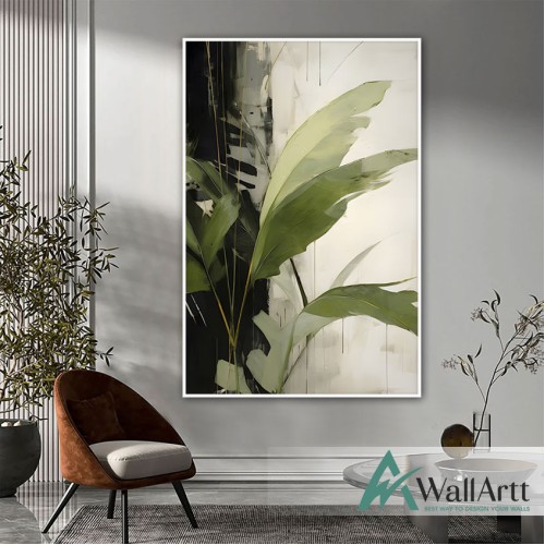 Green Leaves Textured Partial Oil Painting - Wall Art