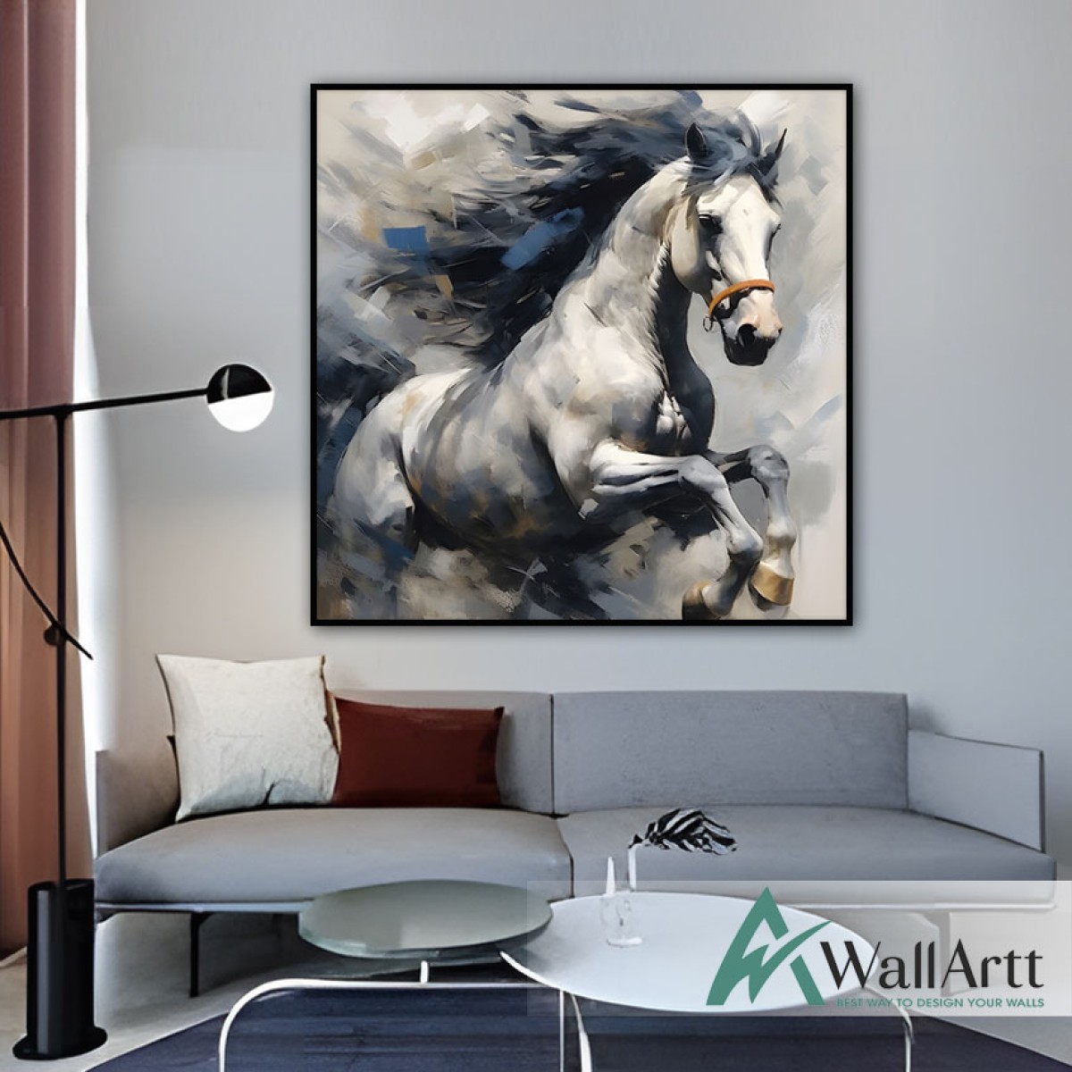 Blue Maned Horse Textured Partial Oil Painting - Wall Art