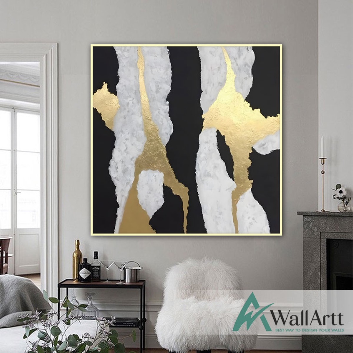 Gold Foil on Black Textured Partial Oil Painting - Wall Art