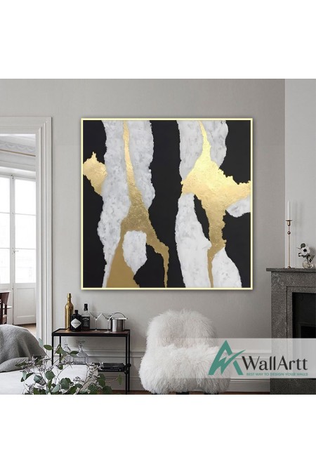 Gold Foil on Black Textured Partial Oil Painting - Wall Art