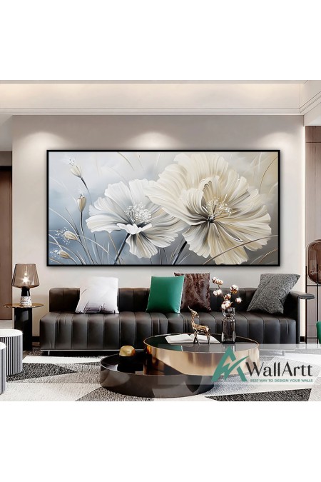 White Beige Flowers Textured Partial Oil Painting - Wall Art