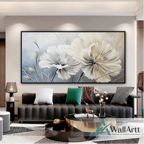 White Beige Flowers Textured Partial Oil Painting - Wall Art