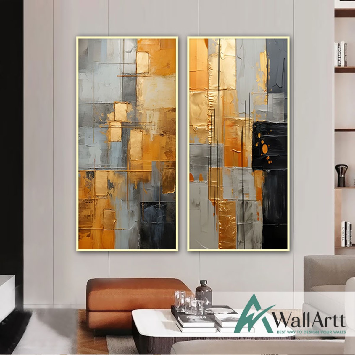 Gold Foil on Grey 2 Piece Textured Partial Oil Painting - Wall Art