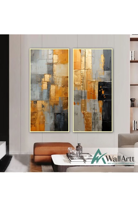 Gold Foil on Grey 2 Piece Textured Partial Oil Painting - Wall Art