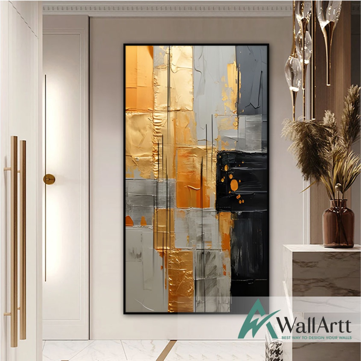 Gold Foil on Grey II Textured Partial Oil Painting - Wall Art