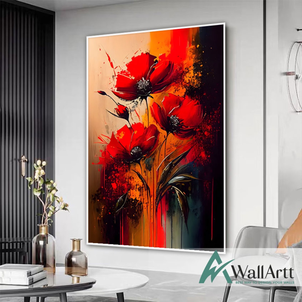 Red Flowers Textured Partial Oil Painting - Wall Art