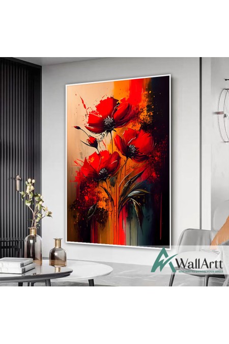 Red Flowers Textured Partial Oil Painting - Wall Art